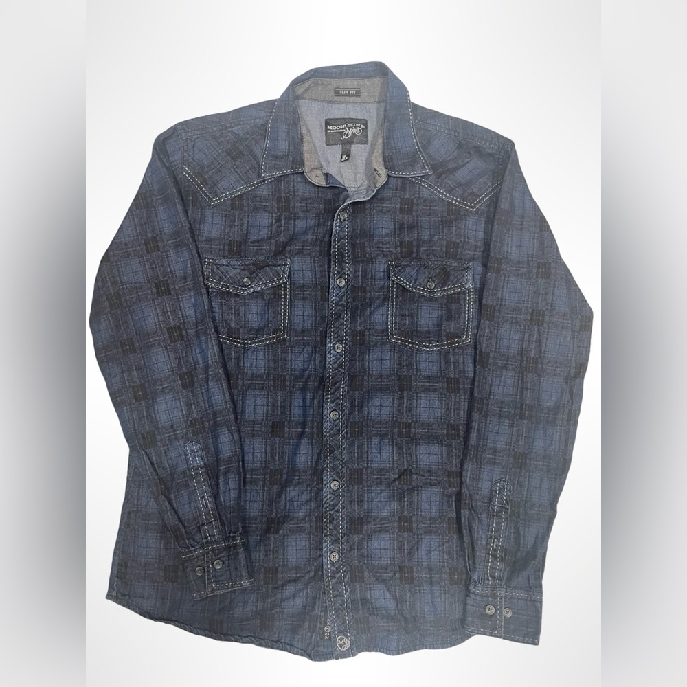 Moonshine spirit plaid, blue, and‎ black Large western casual cowboy office
